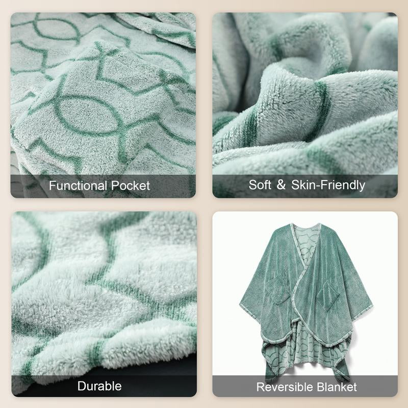 Double-Sided Wearable Blanket Ultra Soft Flannel Shawl Blanket with Pockets
