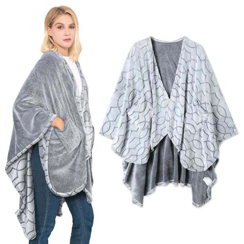 Double-Sided Wearable Blanket Ultra Soft Flannel Shawl Blanket with Pockets