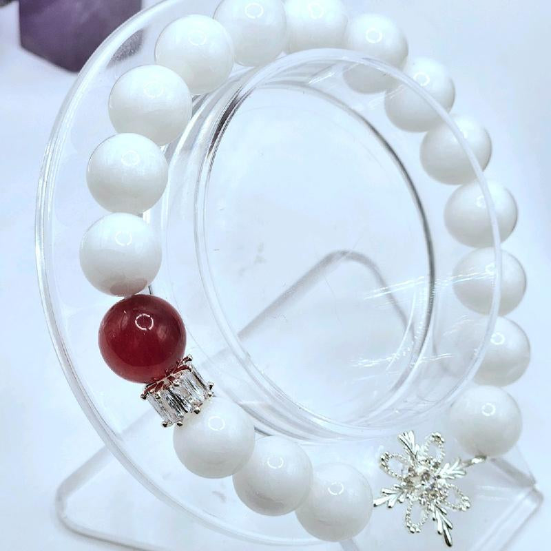 White Jade & Red Agate Accent Crystal Bracelet with Silver Snowflake Connector