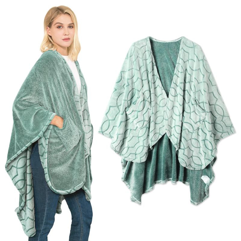 Double-Sided Wearable Blanket Ultra Soft Flannel Shawl Blanket with Pockets