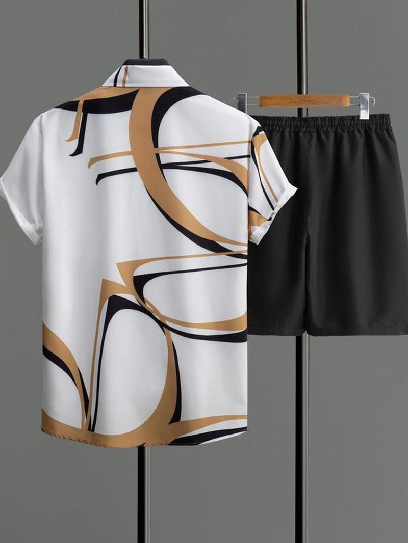 2 Piece Set Men'S Geometric Shirt & Drawstring Waist Shorts Set