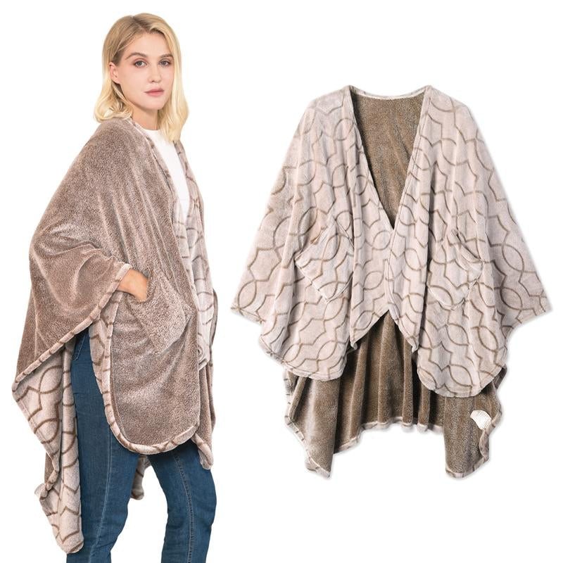 Double-Sided Wearable Blanket Ultra Soft Flannel Shawl Blanket with Pockets