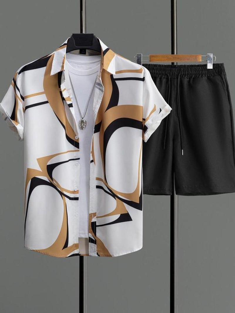 2 Piece Set Men'S Geometric Shirt & Drawstring Waist Shorts Set