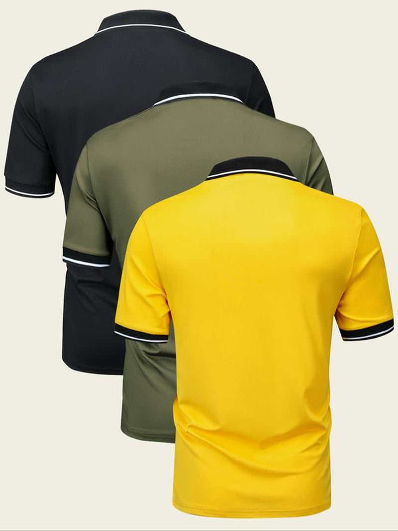 Men'S Contrast Binding Polo Shirt, Regular Fit Short Sleeve Collar Button Front Top, Summer Golf Shirts