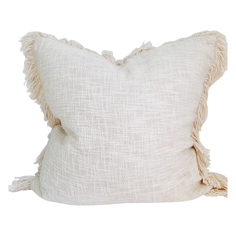 Large Neutral Farmhouse Pillow with Fringes, Oatmeal Soft Decorative Pillow 22"X22", Bohemian Pillow Cover, Euro Sham Ivory Pillow