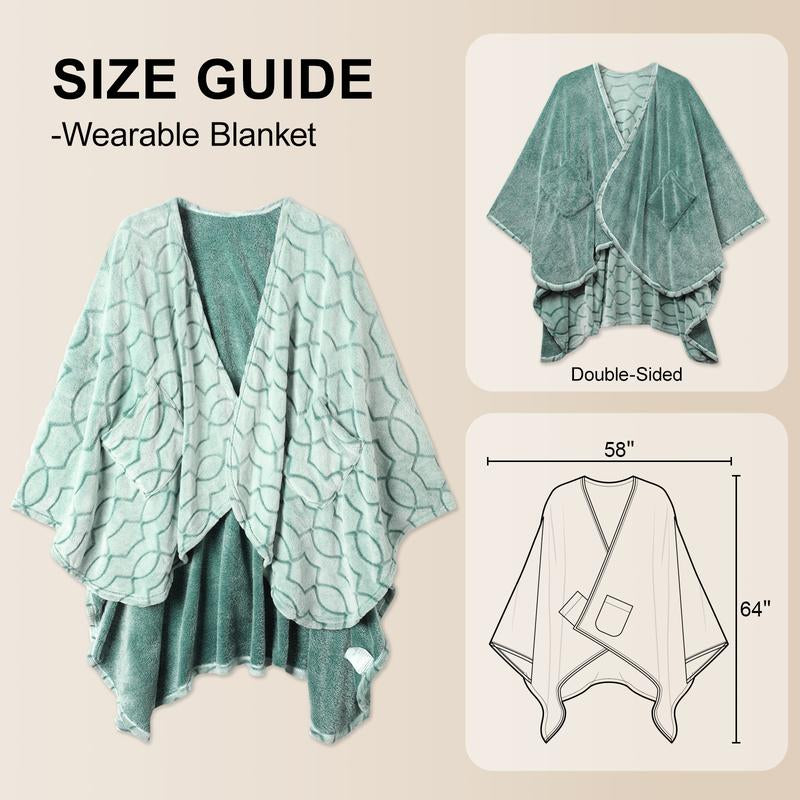 Double-Sided Wearable Blanket Ultra Soft Flannel Shawl Blanket with Pockets