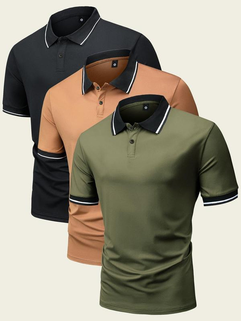 Men'S Contrast Binding Polo Shirt, Regular Fit Short Sleeve Collar Button Front Top, Summer Golf Shirts