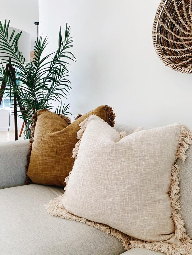 Large Neutral Farmhouse Pillow with Fringes, Oatmeal Soft Decorative Pillow 22"X22", Bohemian Pillow Cover, Euro Sham Ivory Pillow