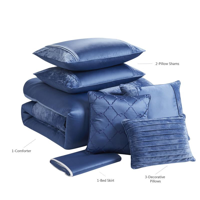 Sweet Home Collection Luna 7 Piece Crushed Velvet Bedding Set - Navy/Silver/Ivory - Queen/King