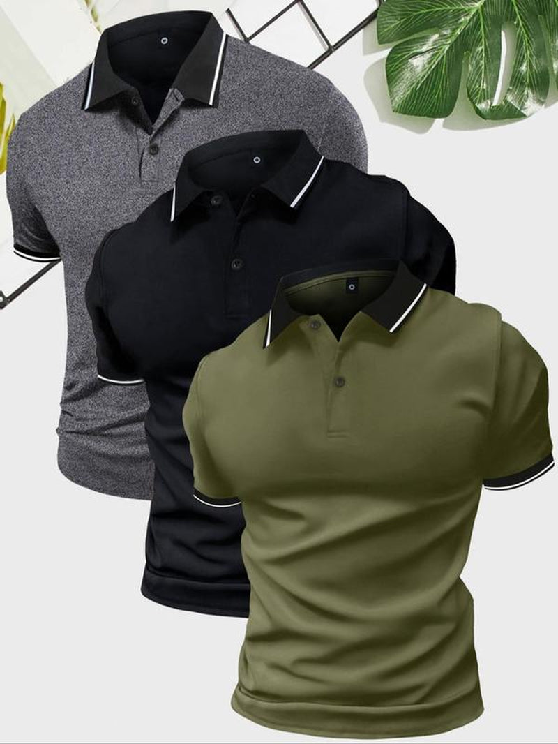 Men'S Contrast Binding Polo Shirt, Regular Fit Short Sleeve Collar Button Front Top, Summer Golf Shirts