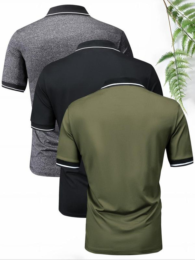 Men'S Contrast Binding Polo Shirt, Regular Fit Short Sleeve Collar Button Front Top, Summer Golf Shirts
