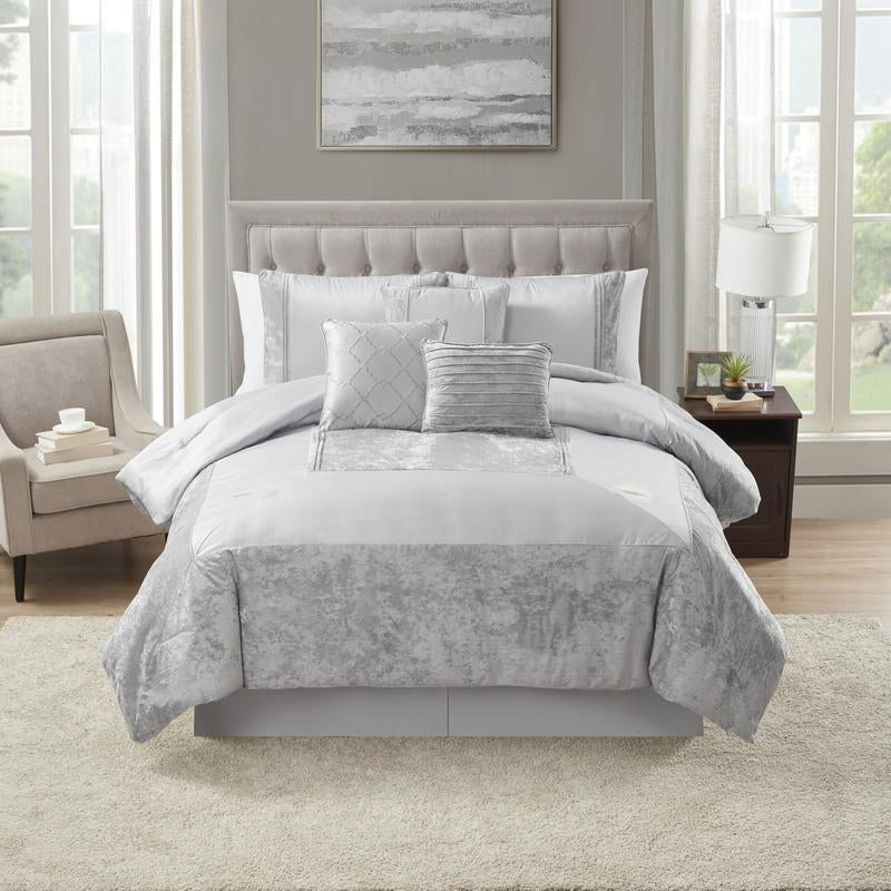 Sweet Home Collection Luna 7 Piece Crushed Velvet Bedding Set - Navy/Silver/Ivory - Queen/King 