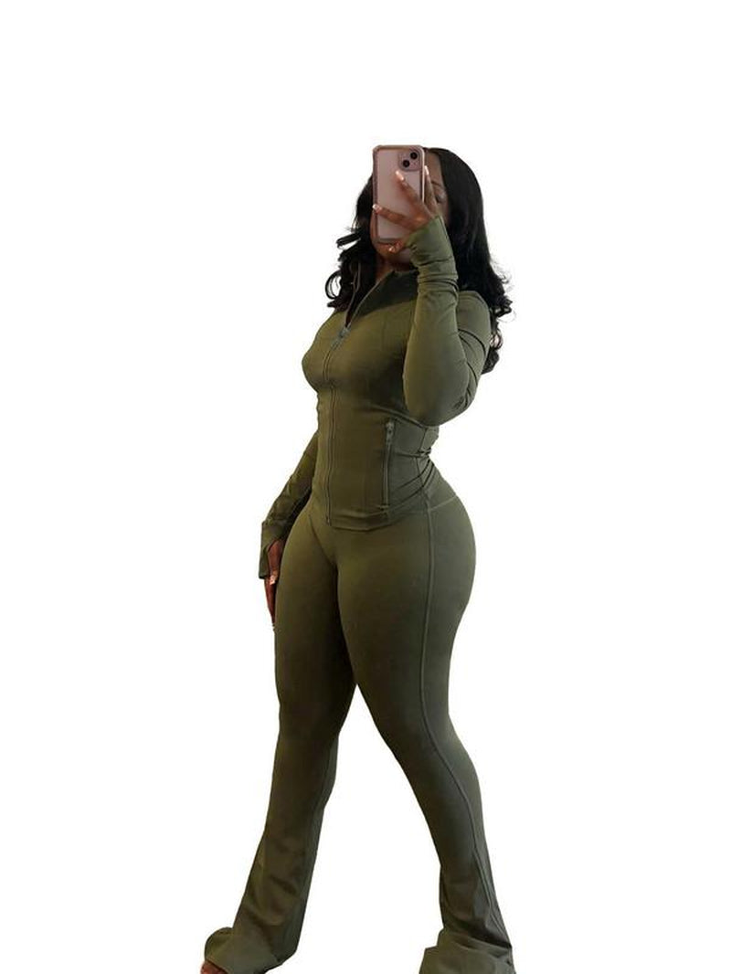 Women'S Solid Long Sleeve Zip up Jacket & Flare Leg Skinny Pants Two-Piece Set