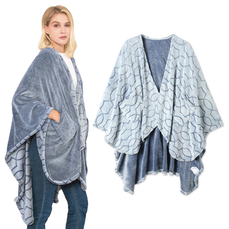 Double-Sided Wearable Blanket Ultra Soft Flannel Shawl Blanket with Pockets 