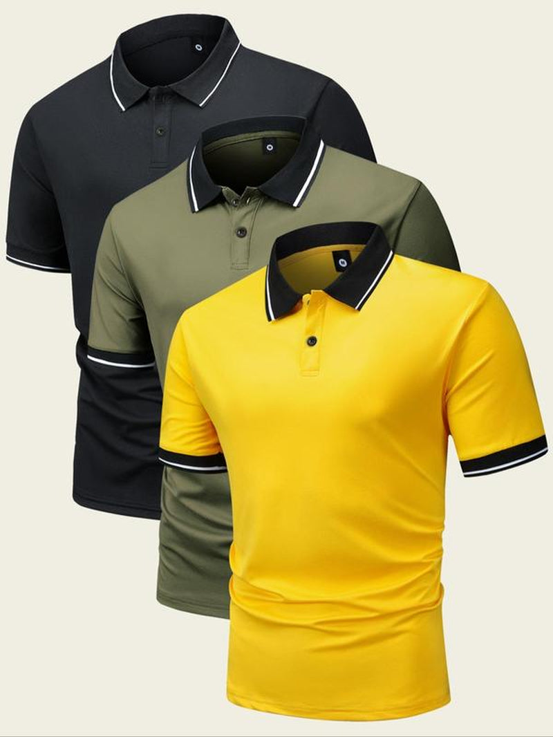 Men'S Contrast Binding Polo Shirt, Regular Fit Short Sleeve Collar Button Front Top, Summer Golf Shirts