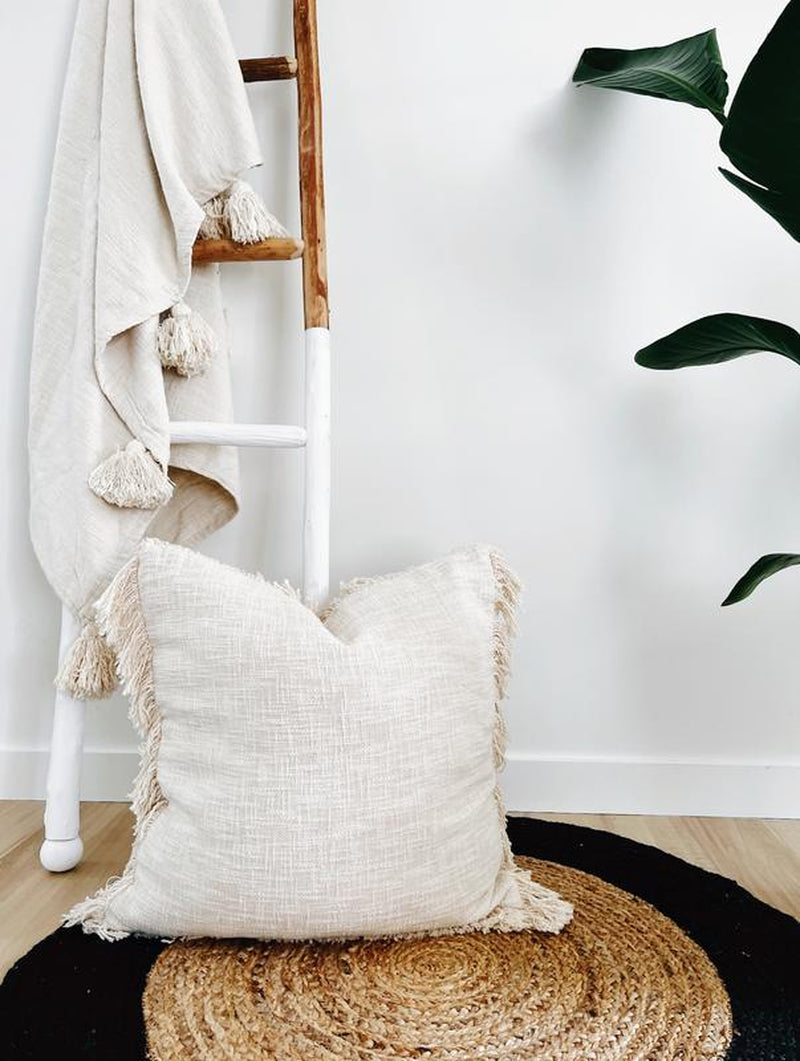 Large Neutral Farmhouse Pillow with Fringes, Oatmeal Soft Decorative Pillow 22"X22", Bohemian Pillow Cover, Euro Sham Ivory Pillow