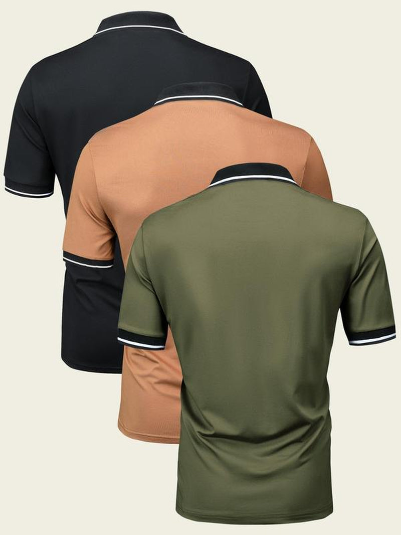 Men'S Contrast Binding Polo Shirt, Regular Fit Short Sleeve Collar Button Front Top, Summer Golf Shirts