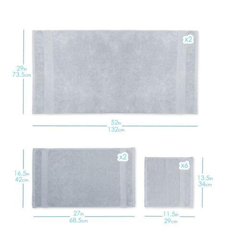 10Pc Towel Set Bath Towels Hand Towels Washcloths 100% Cotton 600 GSM Ultra Soft - Ice Blue