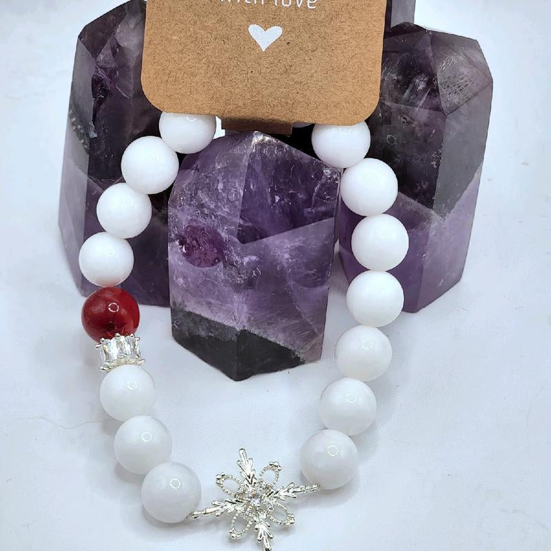 White Jade & Red Agate Accent Crystal Bracelet with Silver Snowflake Connector