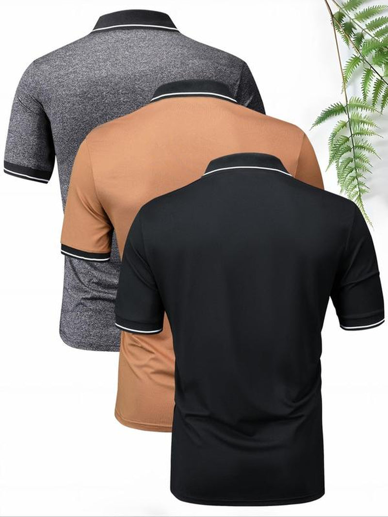 Men'S Contrast Binding Polo Shirt, Regular Fit Short Sleeve Collar Button Front Top, Summer Golf Shirts