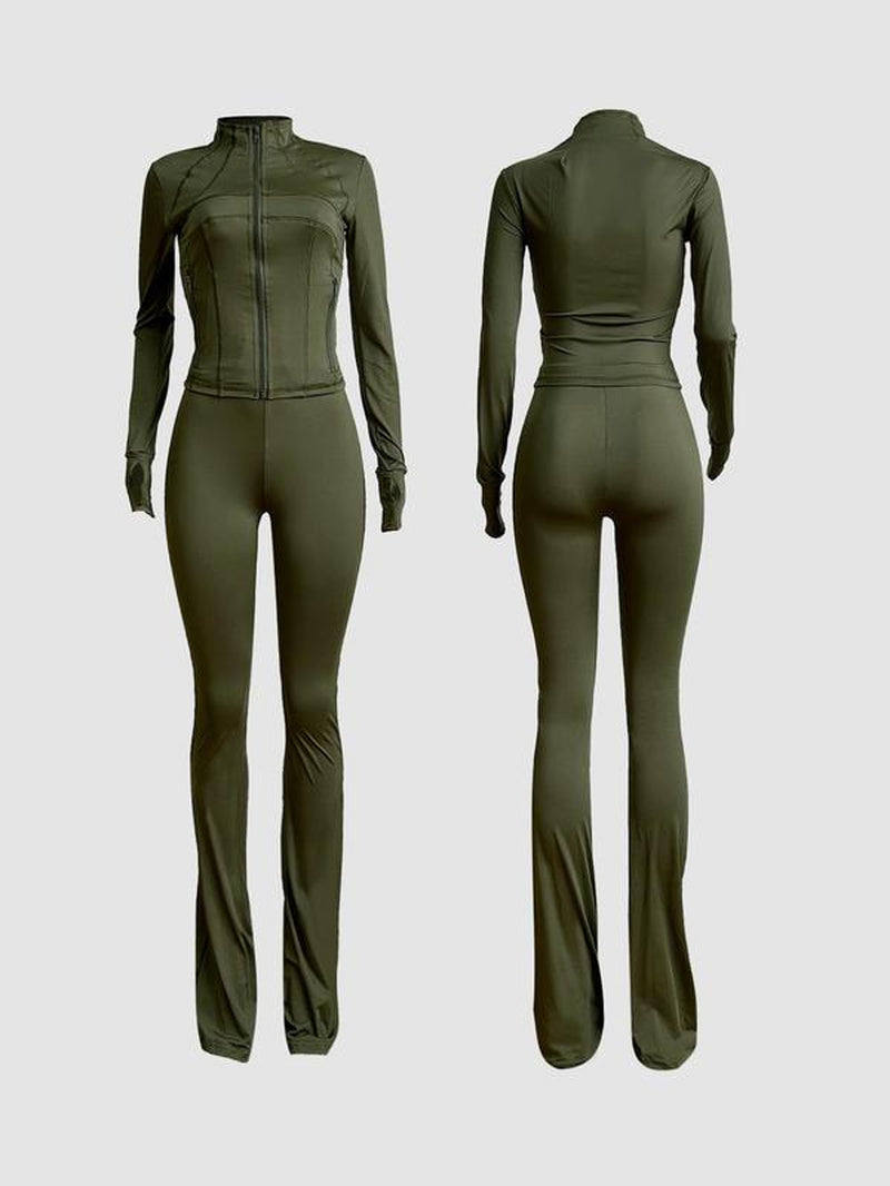 Women'S Solid Long Sleeve Zip up Jacket & Flare Leg Skinny Pants Two-Piece Set