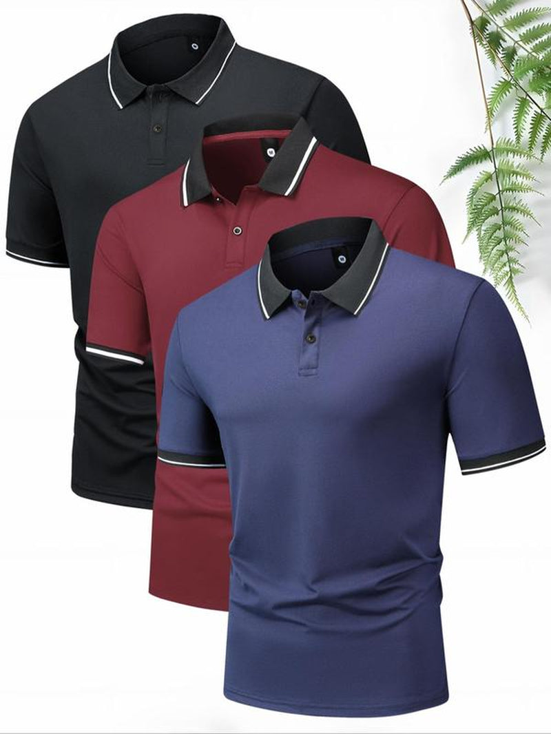 Men'S Contrast Binding Polo Shirt, Regular Fit Short Sleeve Collar Button Front Top, Summer Golf Shirts