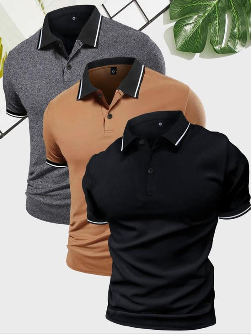 Men'S Contrast Binding Polo Shirt, Regular Fit Short Sleeve Collar Button Front Top, Summer Golf Shirts