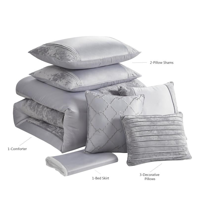 Sweet Home Collection Luna 7 Piece Crushed Velvet Bedding Set - Navy/Silver/Ivory - Queen/King 