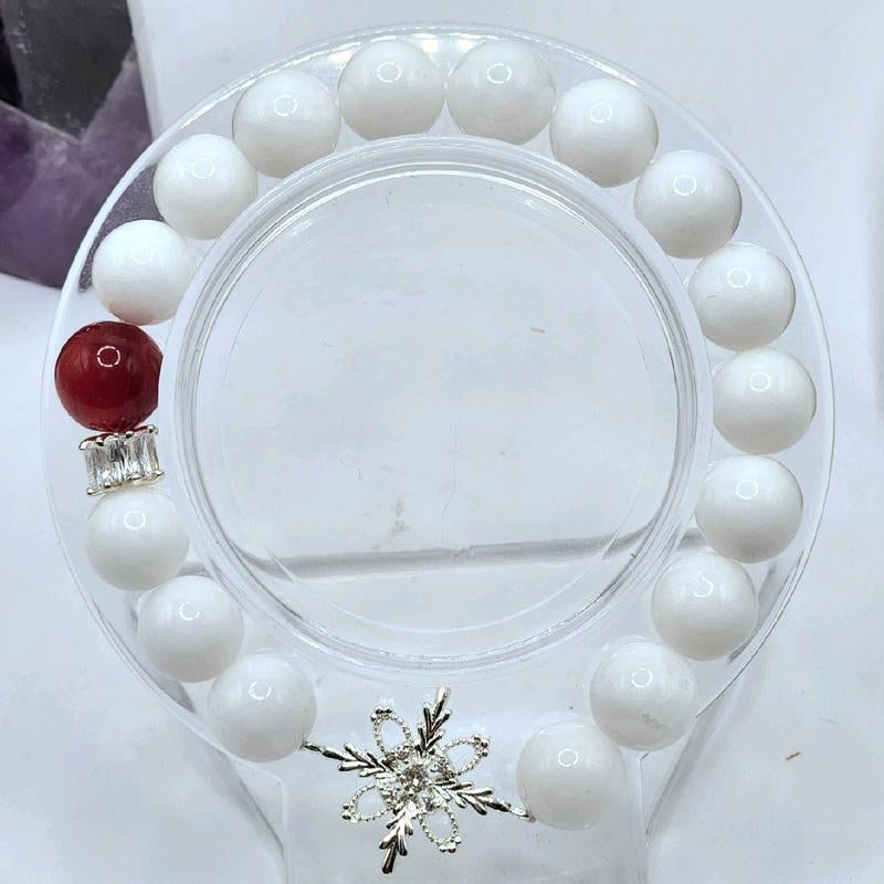 White Jade & Red Agate Accent Crystal Bracelet with Silver Snowflake Connector