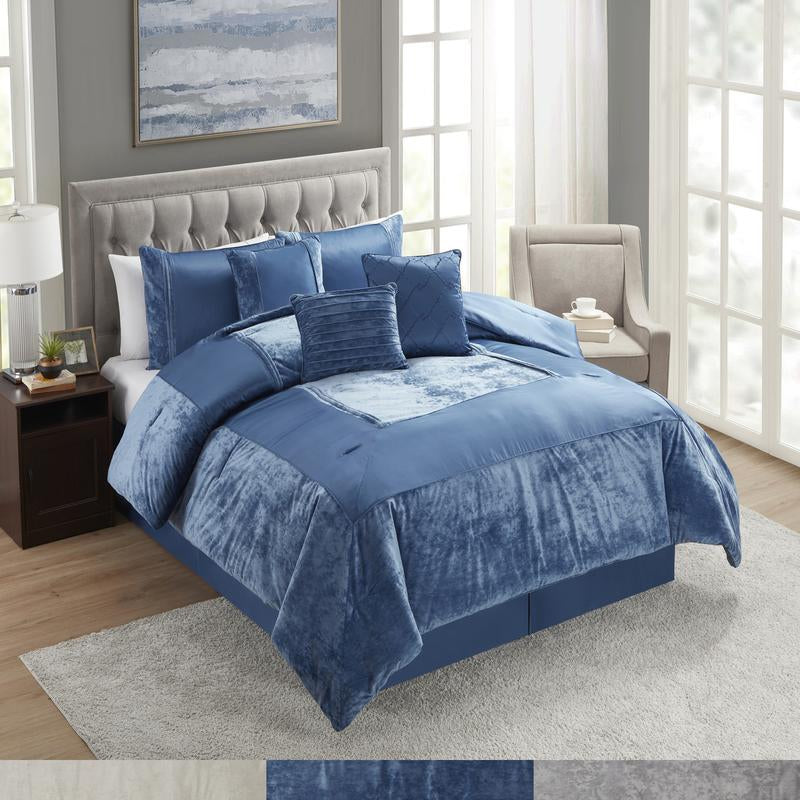 Sweet Home Collection Luna 7 Piece Crushed Velvet Bedding Set - Navy/Silver/Ivory - Queen/King 